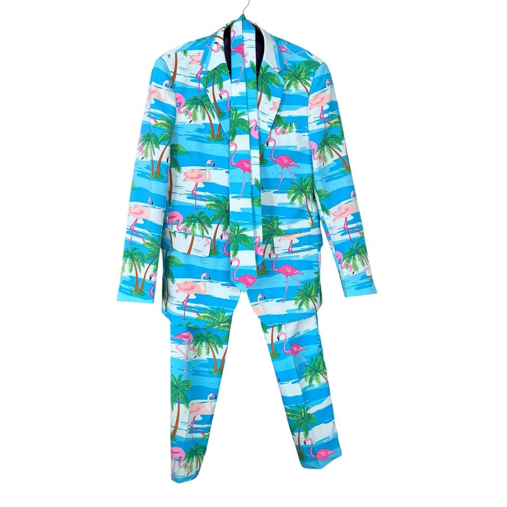 Oppo Suits Mens 3 Piece Flamingo Tropical Jacket Pants Tie Whimsy Cocktail Party